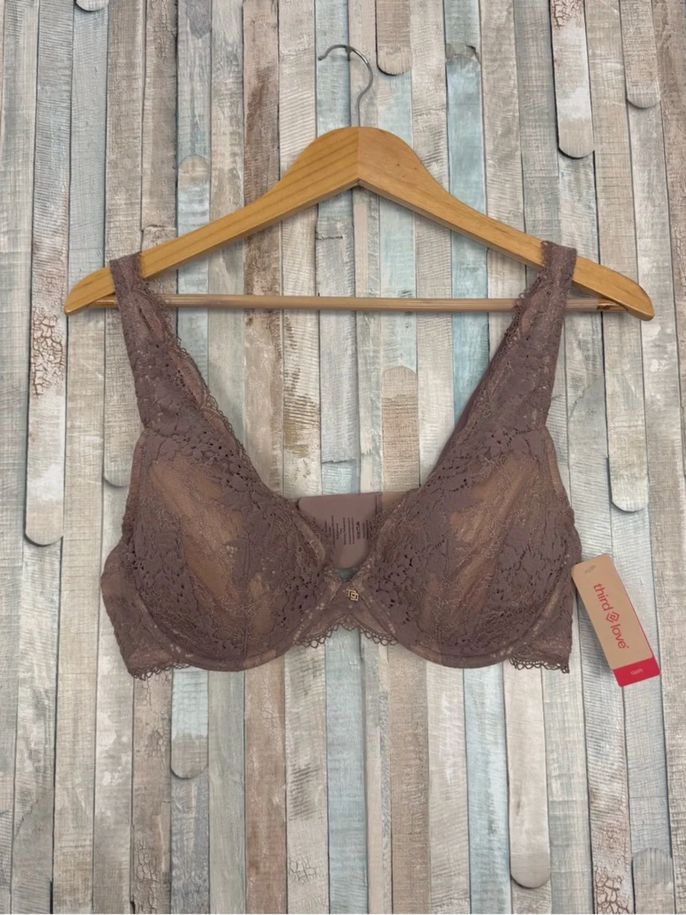New Thirdlove 38C All Day Lace Uplift Plunge Bra Twilight Taupe Underwire NWT